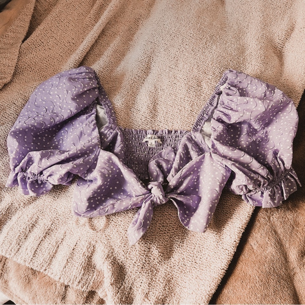 For love and lemons Chelsea puff sleeve purple polka dot tie front top